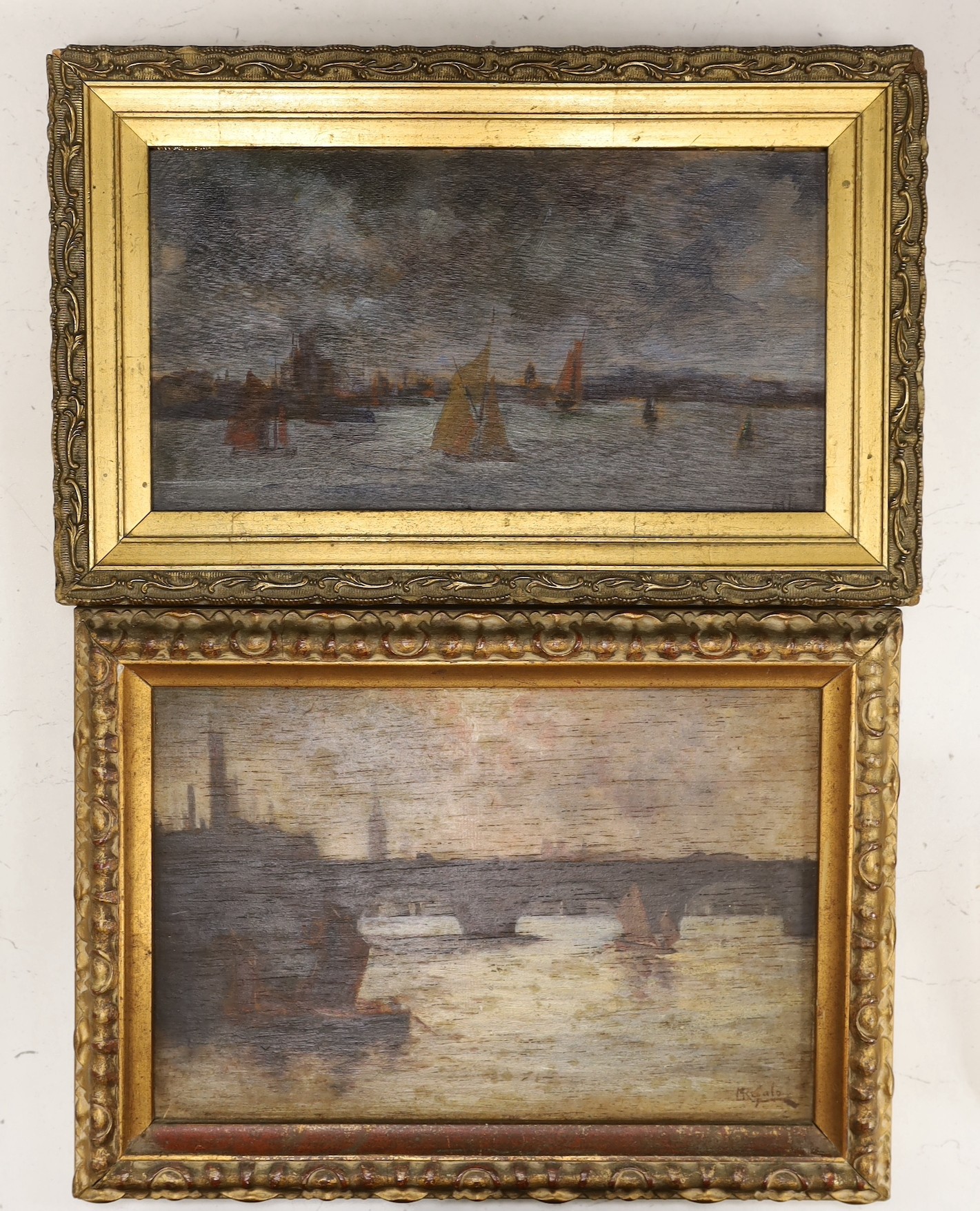 M.K. Galo, two oils on board, 'The Thames at Twilight' and a similar scene, one signed, 14 x 22cm and 12 x 22cm